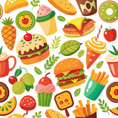 fast Food pattern burger, apple, ice-cream on white background vector illustrations generated by Ai