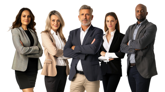 Team of serious business adults on white background