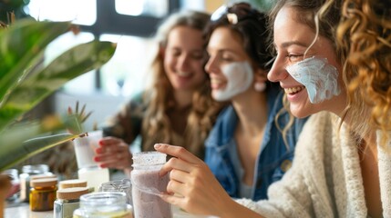A group of ladies learning how to make their own natural face masks using allnatural ingredients bonding over their DIY creations..