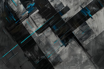 Bold, angular blocks of black and gray intersected with streaks of neon blue, creating an ultra-modern, architectural feel in an abstract geometric painting.