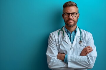 Male doctor in a white coat and glasses on a blue background