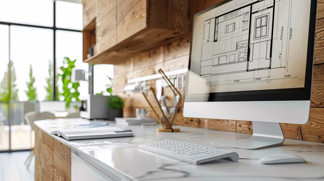 Architect house project concept, desktop computer on white work desk showing modern wooden kitchen, CAD sketch interior design in the background