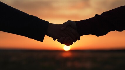 Handshake at sunset silhouette in park field. Powerful handshake people building long-term business...