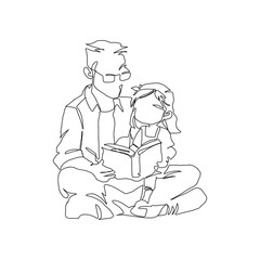 Continuous single drawn, one line dad and daughter reading book, parent love kid, line art illustration for fathers day decoration