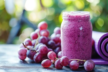 Refreshing grape smoothie alongside a yoga mat, depicting a healthy lifestyle theme with a...