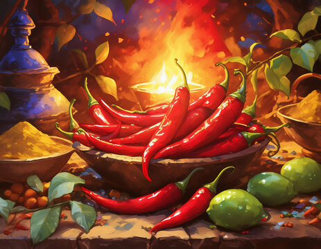 red hot chili peppers painting with bowls limes and fire background spicy food illustration