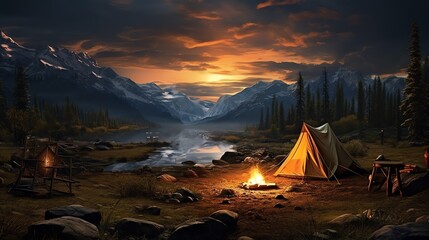 Craft a visually striking panoramic view of a wilderness camping site, blending elements of modern novels and surrealism in a digital rendering that transforms the scene into a unique, thought-provoki