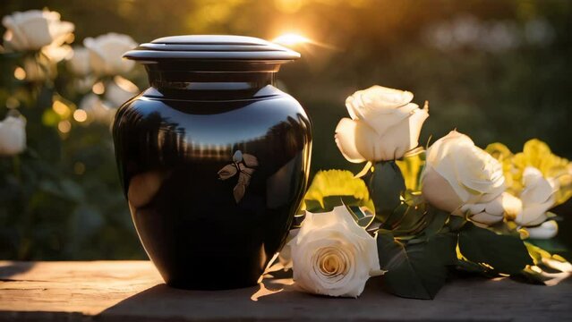 Black memorial urn with cremated remains and white roses, glistening in the warm sunlight outside. 