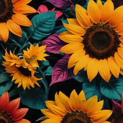 brightly colored sunflowers are arranged in a field of green leaves