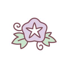 Cute bindweed icon. Hand drawn illustration of a purple flower isolated on a white background. Kawaii sticker. Vector 10 EPS.
