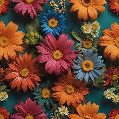 Fototapeta premium brightly colored flowers are arranged in a pattern on a blue surface