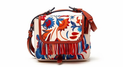 A mini crossbody bag in a bold eyecatching print adorned with tassels and fringe for a playful touch.