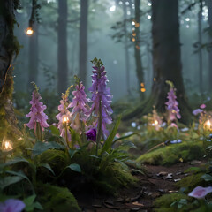 Obraz premium a many purple flowers in the middle of a forest