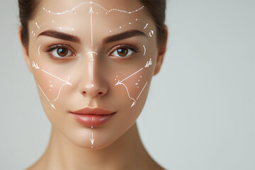 a woman's face with graphic contouring lines highlighting potential cosmetic enhancement areas.	
