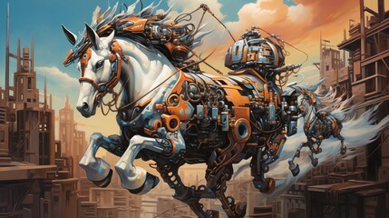 Craft an oil painting capturing a high-angle view of robotic unicorns exploring a fantastical cityscape Infuse the canvas with a blend of industrial elements and mythical charm, using bold brushstroke