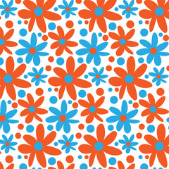 Fototapeta premium Bright seamless pattern with daisies. Minimalistic texture with blue and orange chamomile buds on a white background. Print for decoration and printing.
