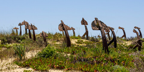 Tavira, Portugal 04-16-2024. Cemetery of anchors  Aa Praia do Baril, Santa Luzia, Portugal.