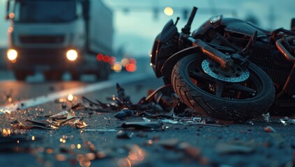 A devastating traffic collision scene showing a damaged motorcycle after a severe accident with a car