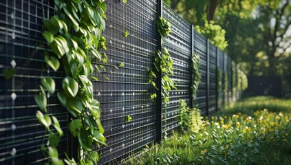 A vertical solar panel installation doubling as a fence, showcasing innovative and cost-effective renewable energy production for sustainable living.