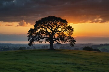 serene meadow with a river winding through it at sunset, reflecting the sky