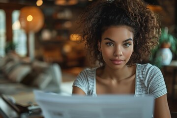 A young woman carefully reading a document at a cafe, displaying concentration and professionalism