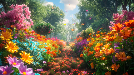 summer flower garden with vibrant and colorful blooms blossoms and butterflies