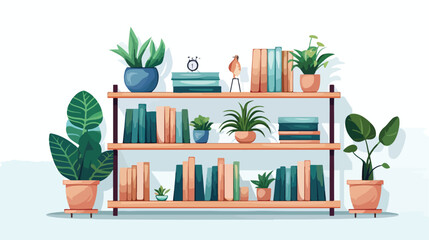 Modern shelf unit with books and houseplants near w