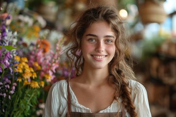 Fototapeta premium Cheerful young woman with a joyful expression standing among colorful flowers in a flower shop