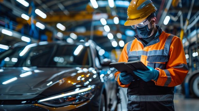 Electric vehicle quality control team in full safety gear conducting a comprehensive final assessment of vehicle performance and aesthetics.