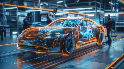 An electric vehicle undergoing endurance testing on a factory test track, with engineers collecting real-time data.