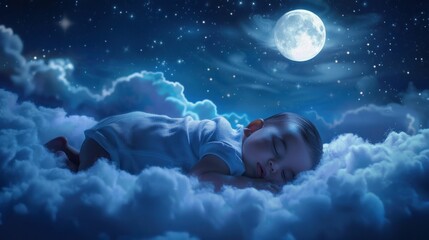 Sweet dreams Peaceful baby sleeping on fluffy clouds under the glowing full moon in the night sky