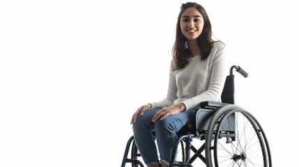 Happy young woman sitting in wheelchair on white background