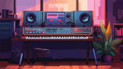 Modern synthesizer in room closeup 2d flat cartoon