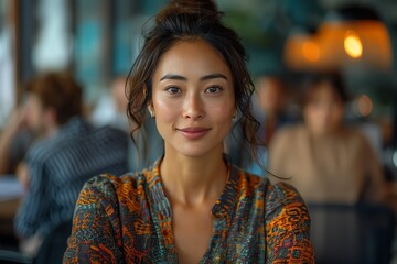 A corporate workshop with an Asian female leader presenting to a multicultural team, modern office background,