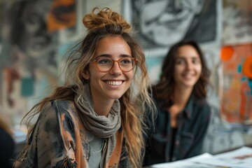 A creative agency meeting with brainstorming session, walls covered in art and ideas, team actively discussing and laughing, a scene full of movement and creativity