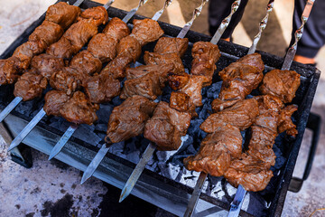 Marinated skewers are prepared on a barbecue grill over charcoal. Shish kebab or shish kebab is popular in Eastern Europe. Shish kebab was originally made from mutton. BBQ grilled beef kebab. 