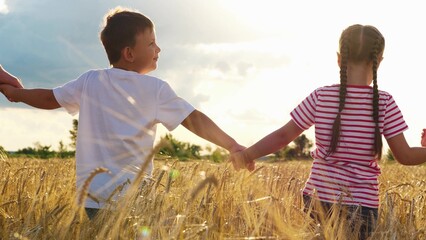 Smiling little boy and girl holding hands parents going at sunny sunset natural dry wheat field back view. Relaxed family children walking outdoor with love tenderness enjoy freedom outdoor weekend