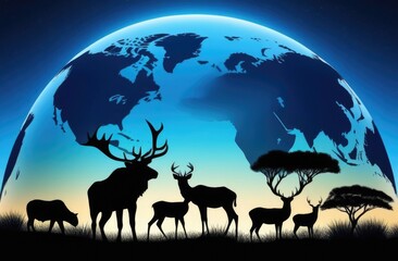 Animal biodiversity,silhouettes of wild animals on earth background, blue planet earth,fauna diversity