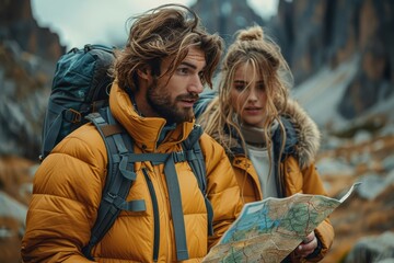 An adventurous couple in warm jackets study a map together amidst rugged mountainous terrain