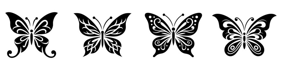 Butterfly icons set. Black butterfly of different shapes in flat graphic design. Vector illustration