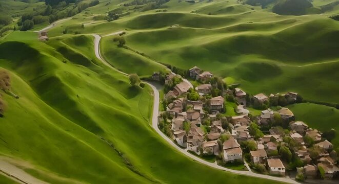 A tilt down aerial view of the winding roads cutting through the steep grass blank covered hills of the small village of La Val South Tyrol Italy LuPa Creative