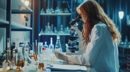 Female Scientist Engaged in Research with Microscope in Modern Laboratory