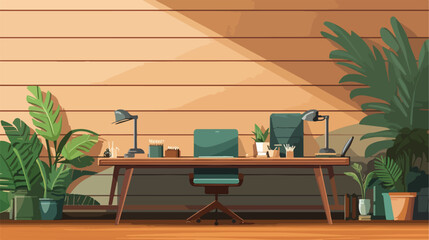 Modern workplace near wooden wall 2d flat cartoon v