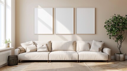 Beige Living Room with sofa, Blank Photo Frame Mock Up, floor lamp, featuring tropical plants in ceramic pots and wooden floor, 3d rendering