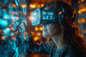 Virtual reality workplace interaction, individuals in different locations connected through VR, futuristic office setting with holograms
