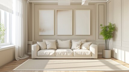 Fototapeta premium Beige Living Room with sofa, Blank Photo Frame Mock Up, floor lamp, featuring tropical plants in ceramic pots and wooden floor, 3d rendering