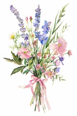 Watercolor painting of a vibrant bouquet of wildflowers tied with a delicate pink ribbon on white background