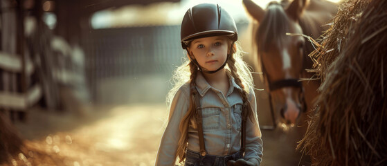 Cute little girl, child riding horse at the rancho. Race competition concept. Friendship. Generative ai