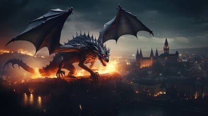 Black Evil Dragon In The Night Towering Over Burning Fire - Generative AI