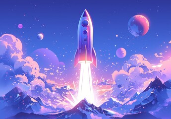 A rocket soars into the sky, surrounded by mountains and planets in shades of purple and pink, creating an atmosphere full of fantasy and mystery.